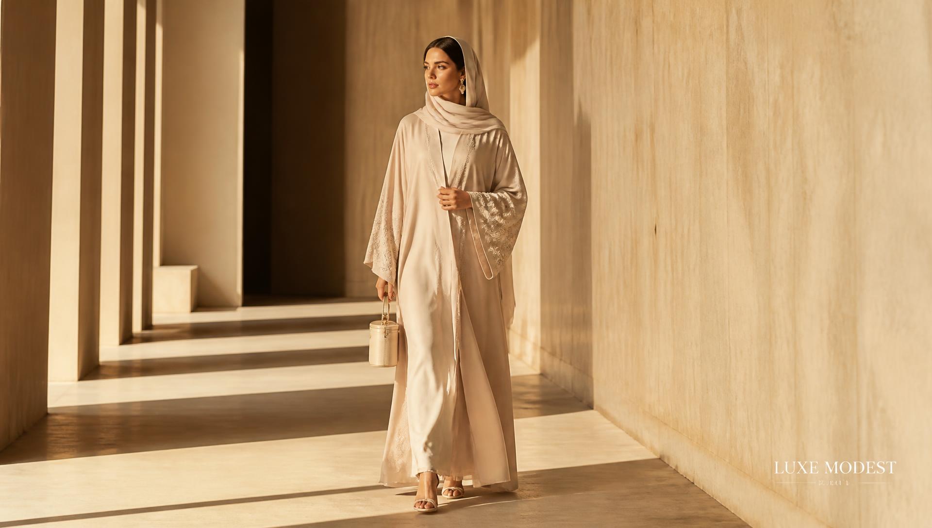 Woman in a champagne abaya walking through a sunlit stone corridor
