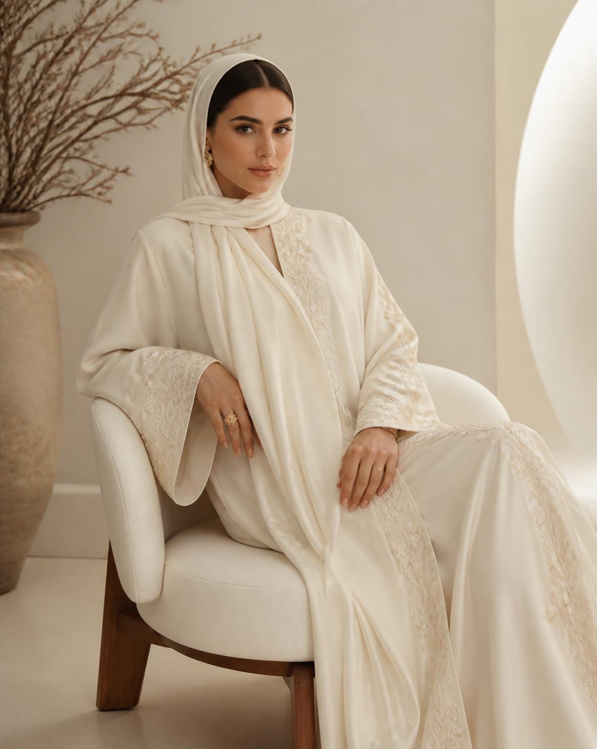 Woman seated in an ivory embroidered abaya in a calm neutral interior